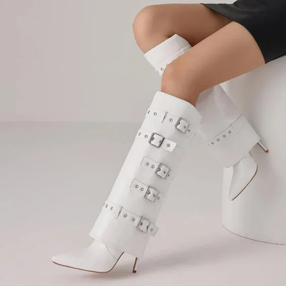 Women's Fold Over Long Tall Leather Buckle Shark Knee High Zipper White Boots - Picture 2 of 6